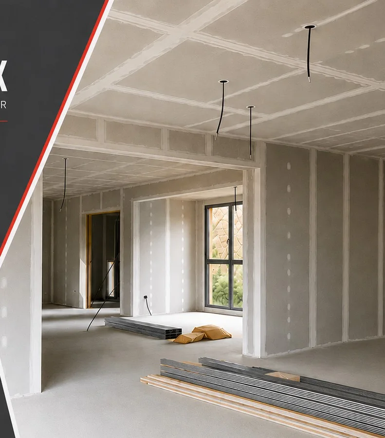 Chantier de plâtrerie, cloisons et faux plafonds